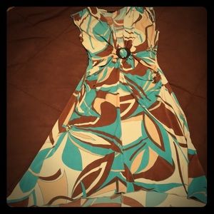 Aqua blue, brown, cream & tan summer dress